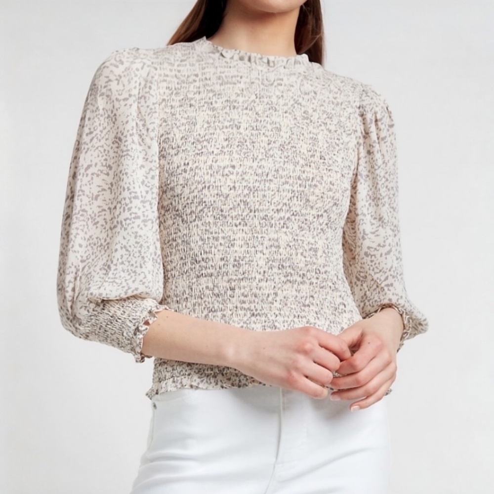 Express Printed Smocked Ruffle Neck Long Sleeve Top Size S